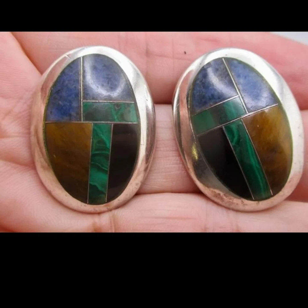 Vintage heavy 950 fine silver Mosaic taxco signed stone earrings - Picture 6 of 15